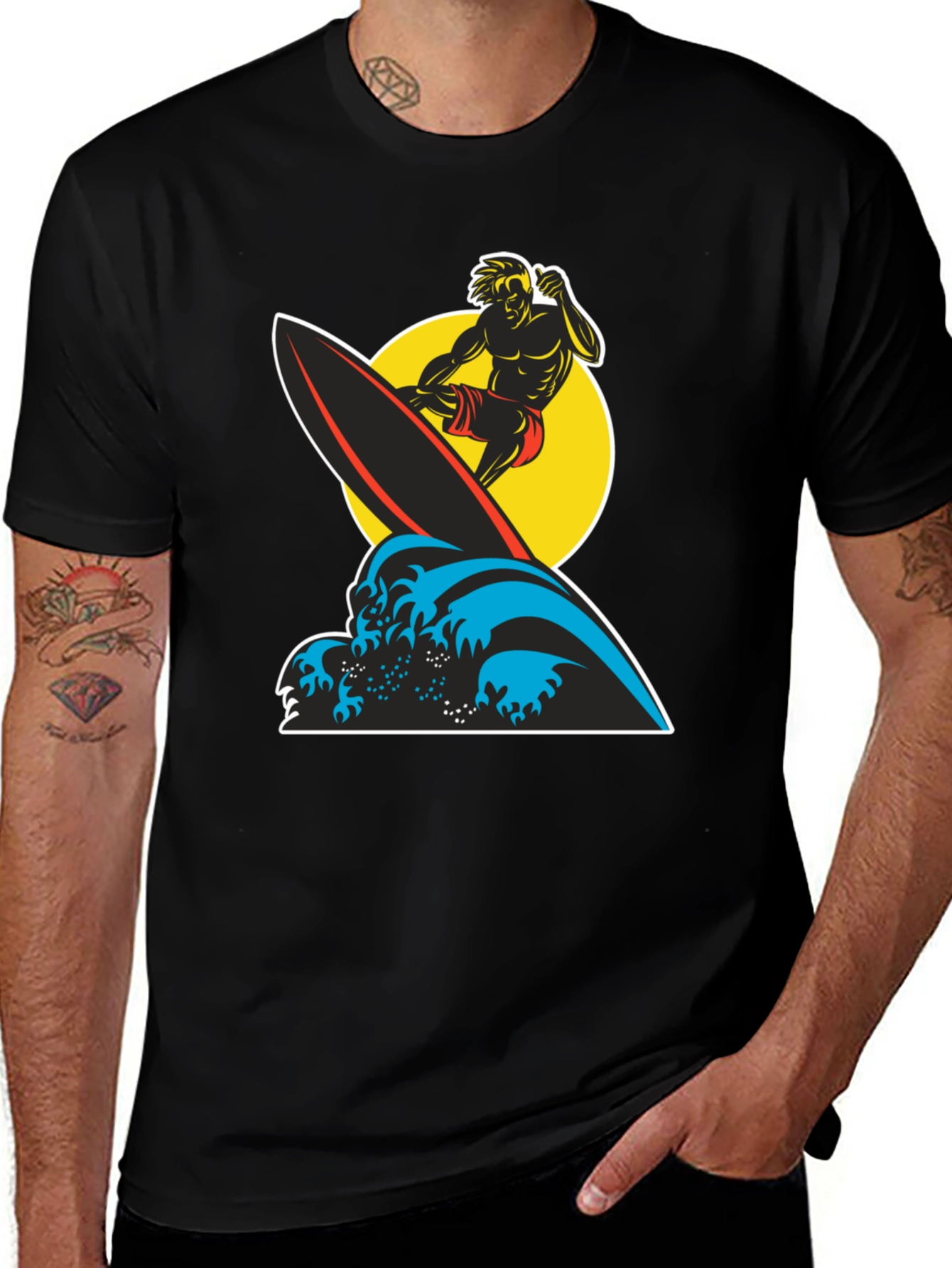 Surfer Wave Graphic Tee - Black Cotton T-Shirt