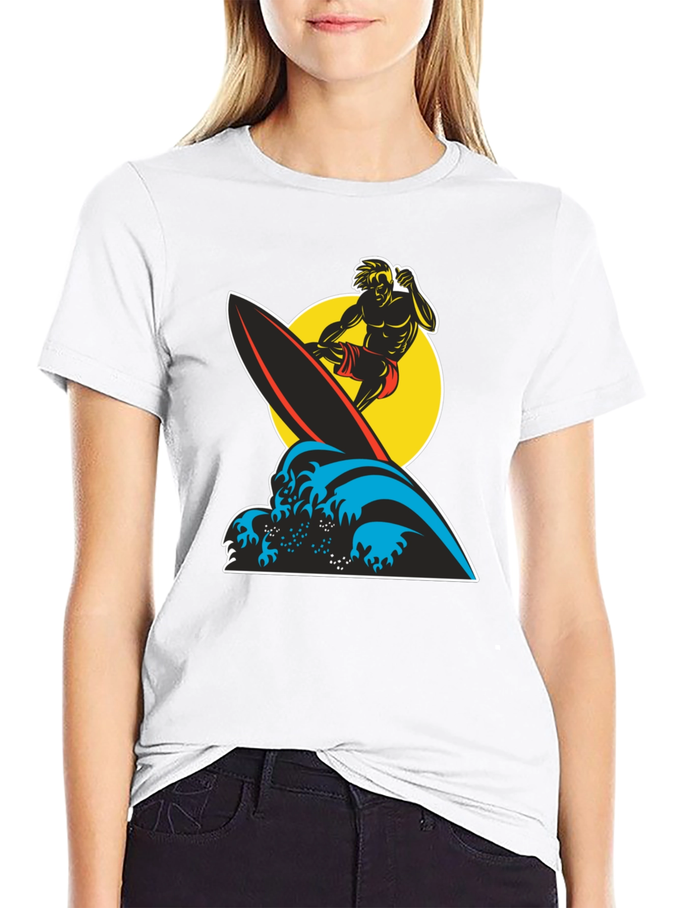 Surfer Wave Graphic Tee - Black Cotton T-Shirt