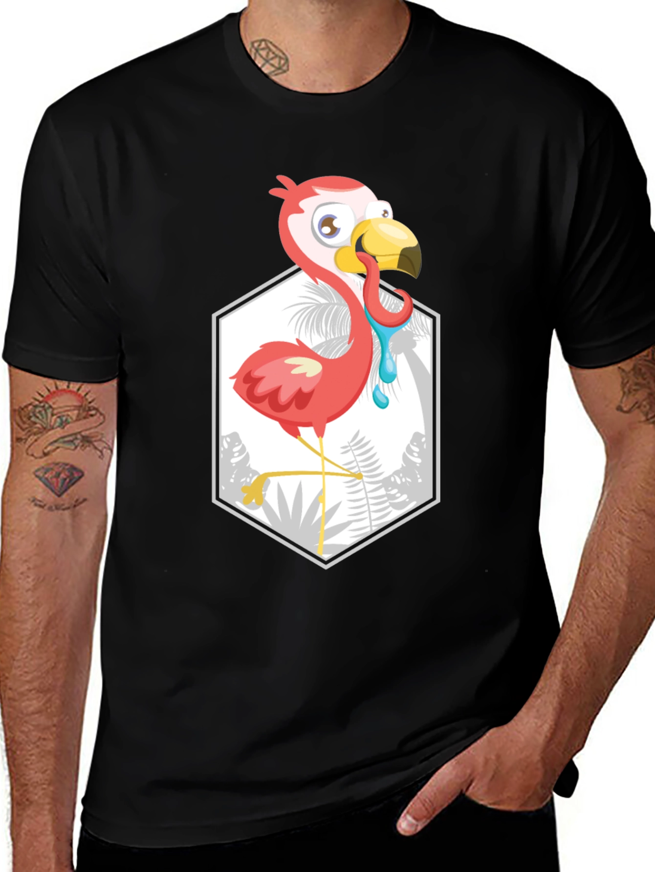 Cartoon Flamingo Black T-Shirt