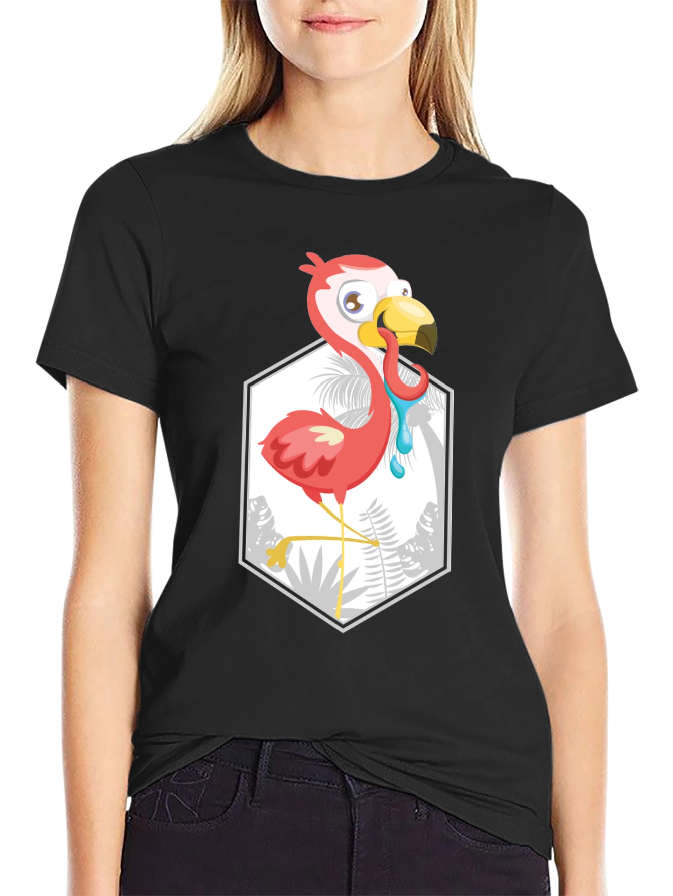 Cartoon Flamingo Black T-Shirt