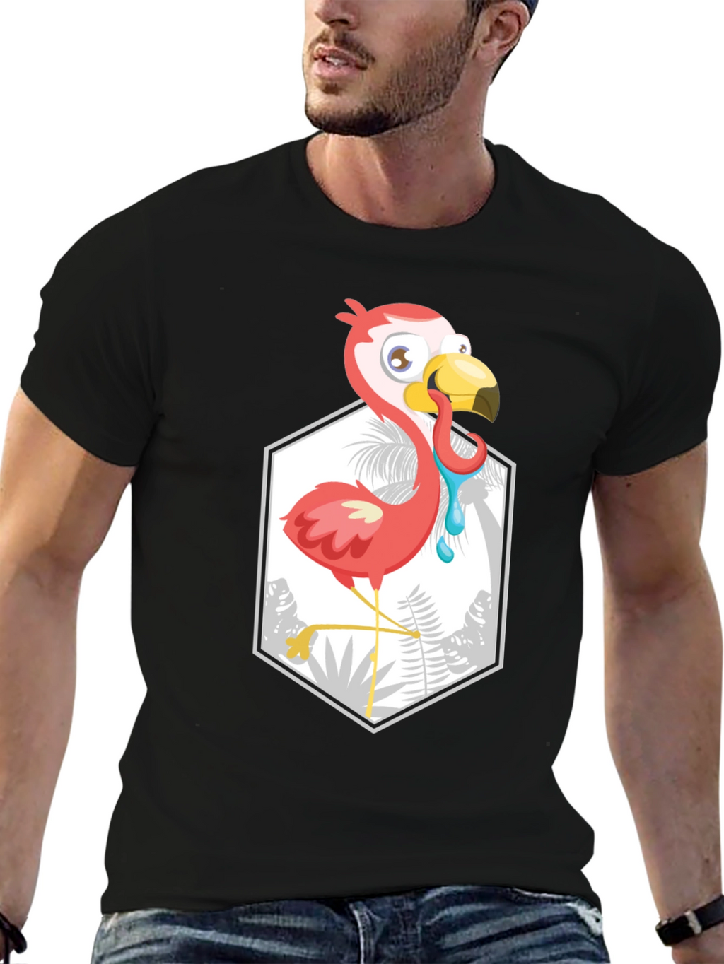 Cartoon Flamingo Black T-Shirt