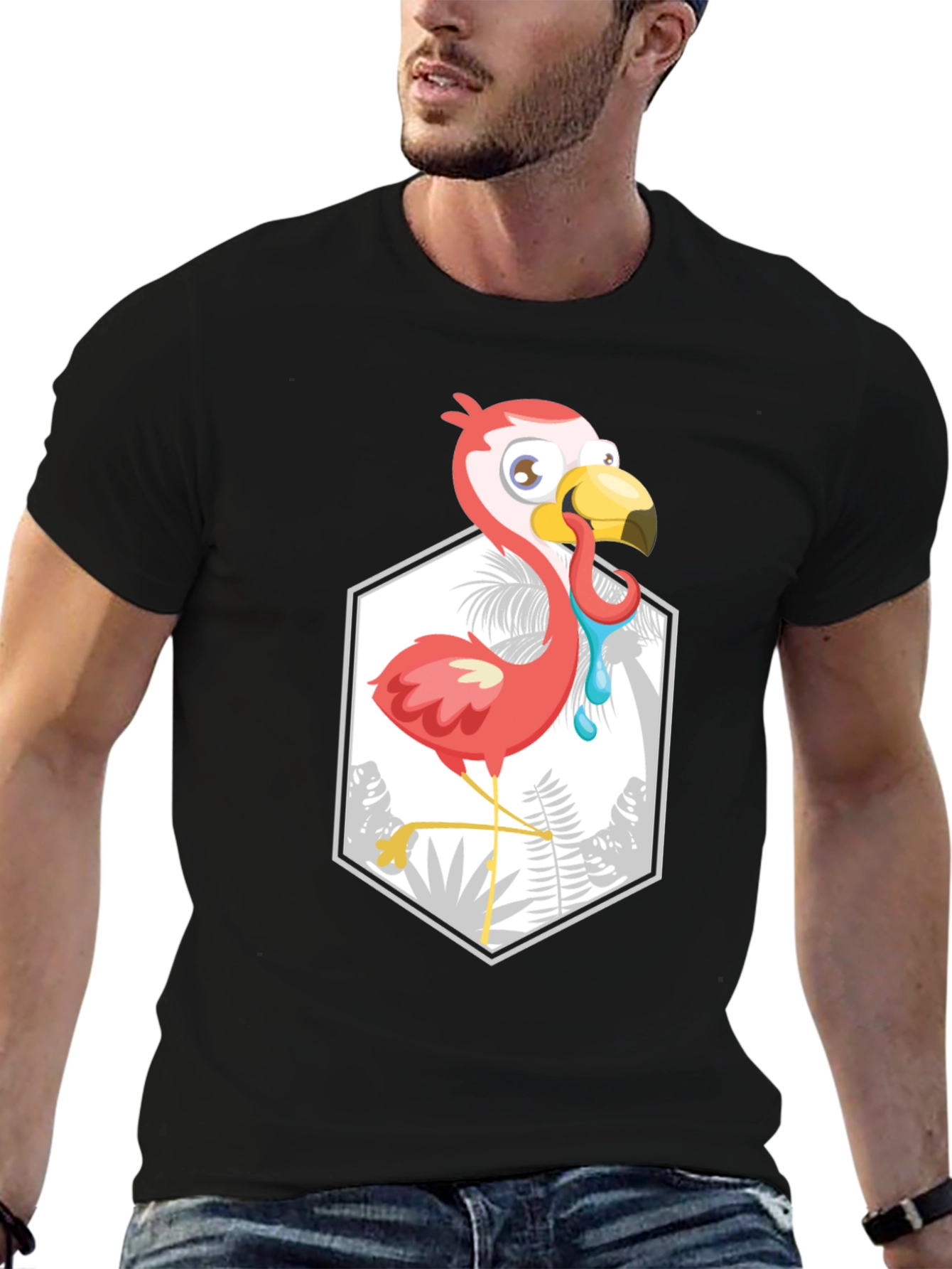 Cartoon Flamingo Black T-Shirt
