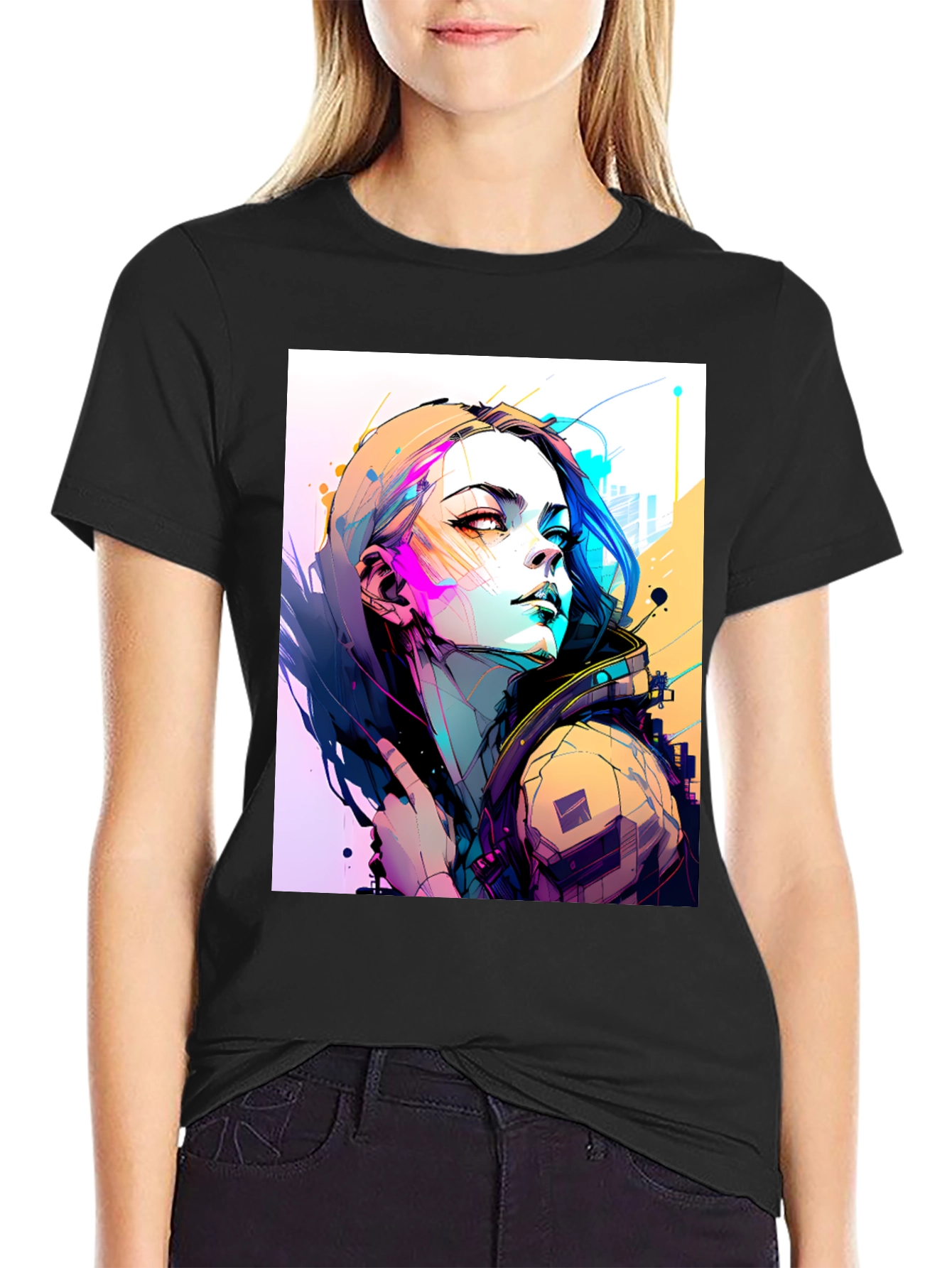 Cyberpunk Girl Graphic Tee - Stylish Black T-Shirt