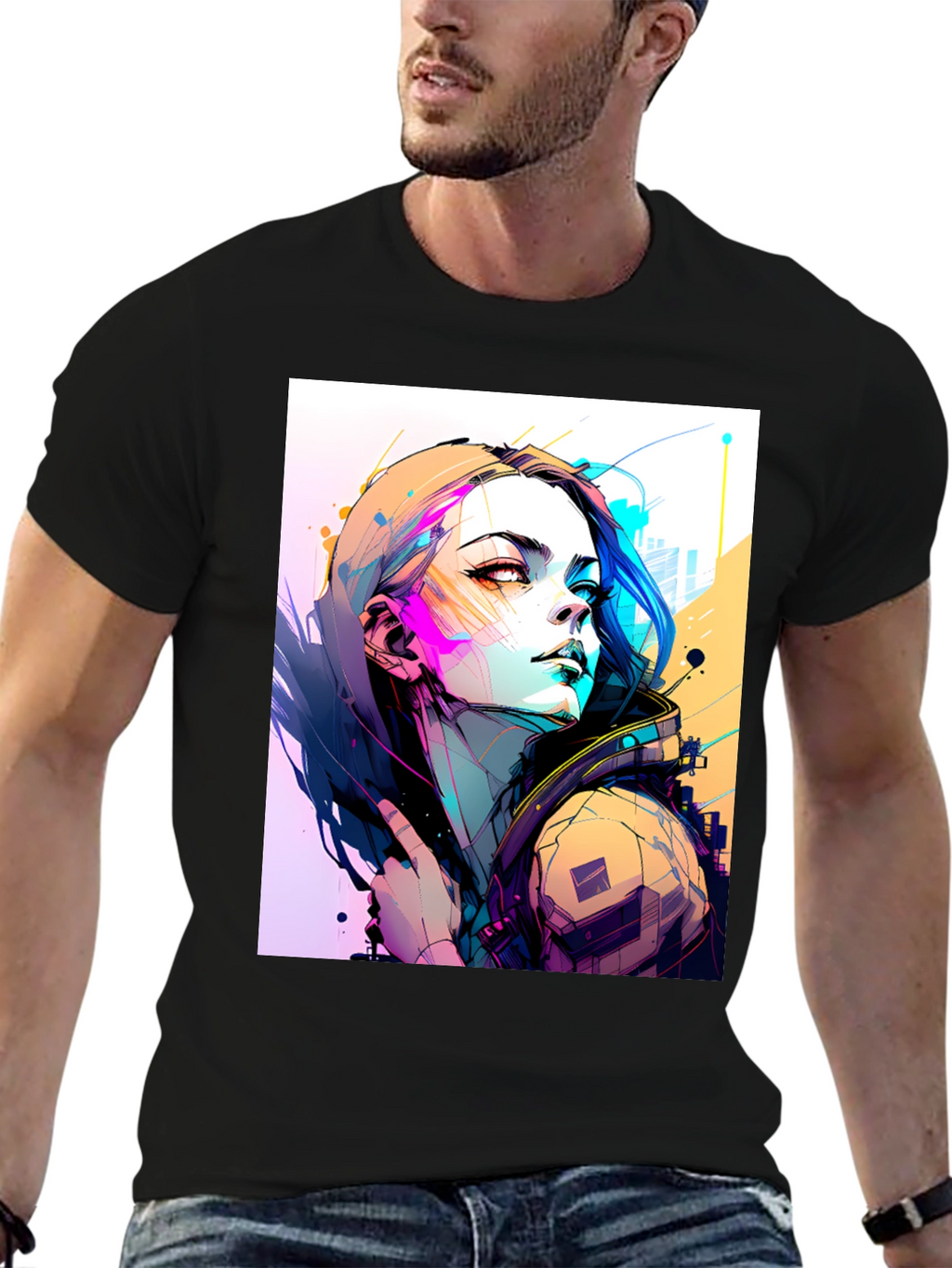 Cyberpunk Girl Graphic Tee - Stylish Black T-Shirt