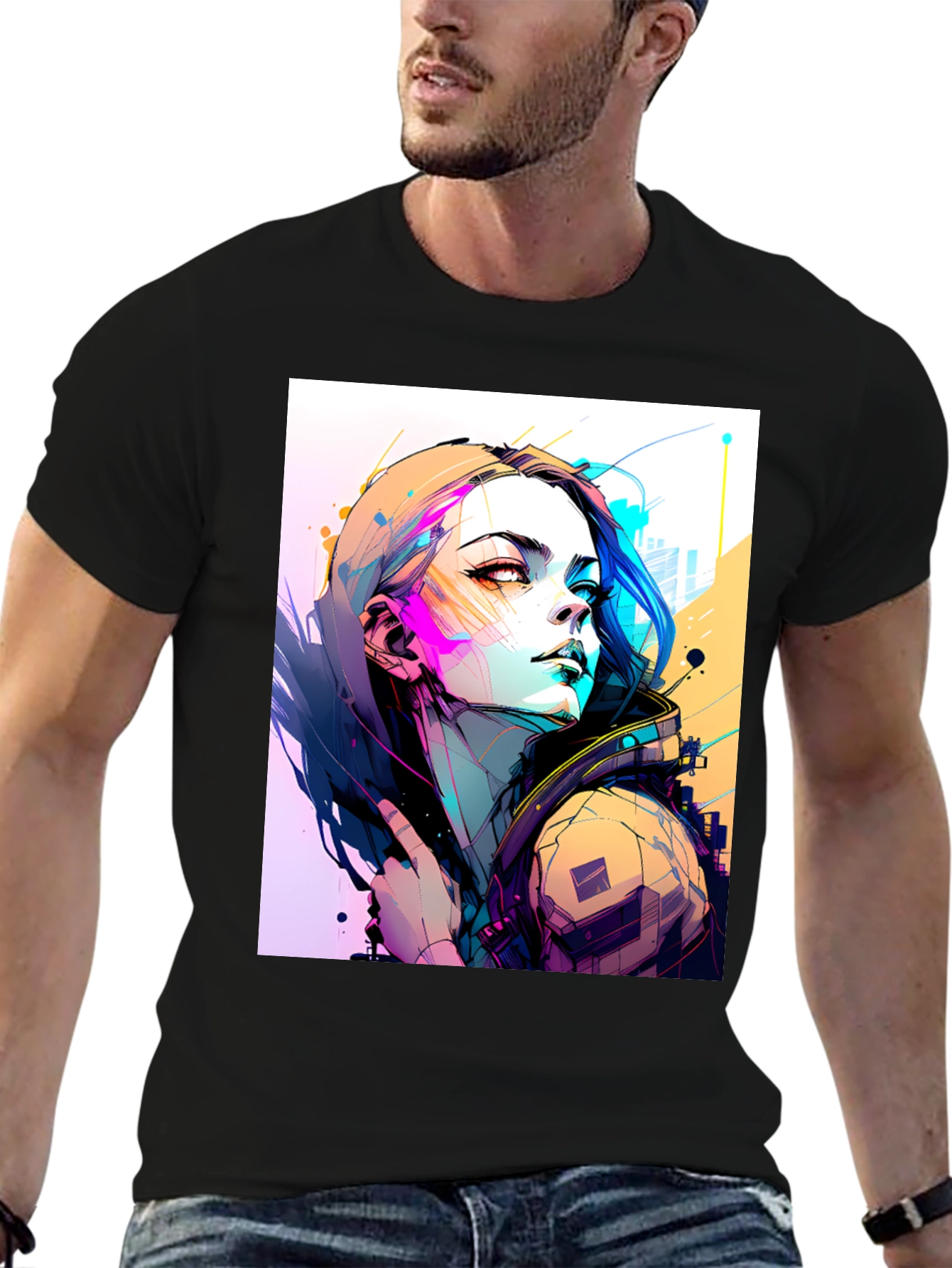 Cyberpunk Girl Graphic Tee - Stylish Black T-Shirt
