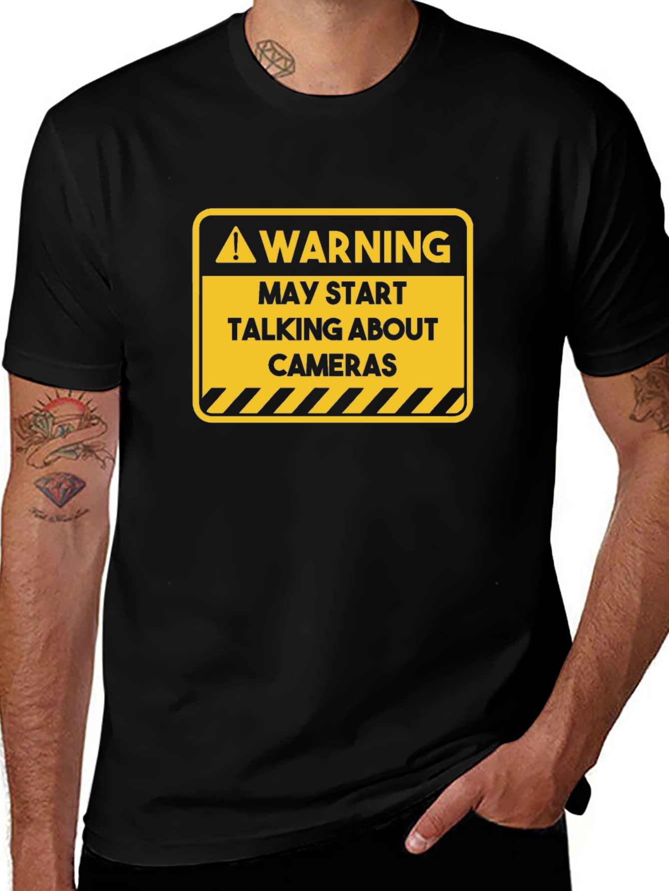 Warning May Start Talking About Cameras Black T-Shirt