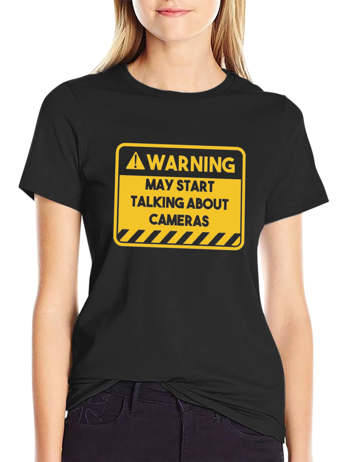 Warning May Start Talking About Cameras Black T-Shirt