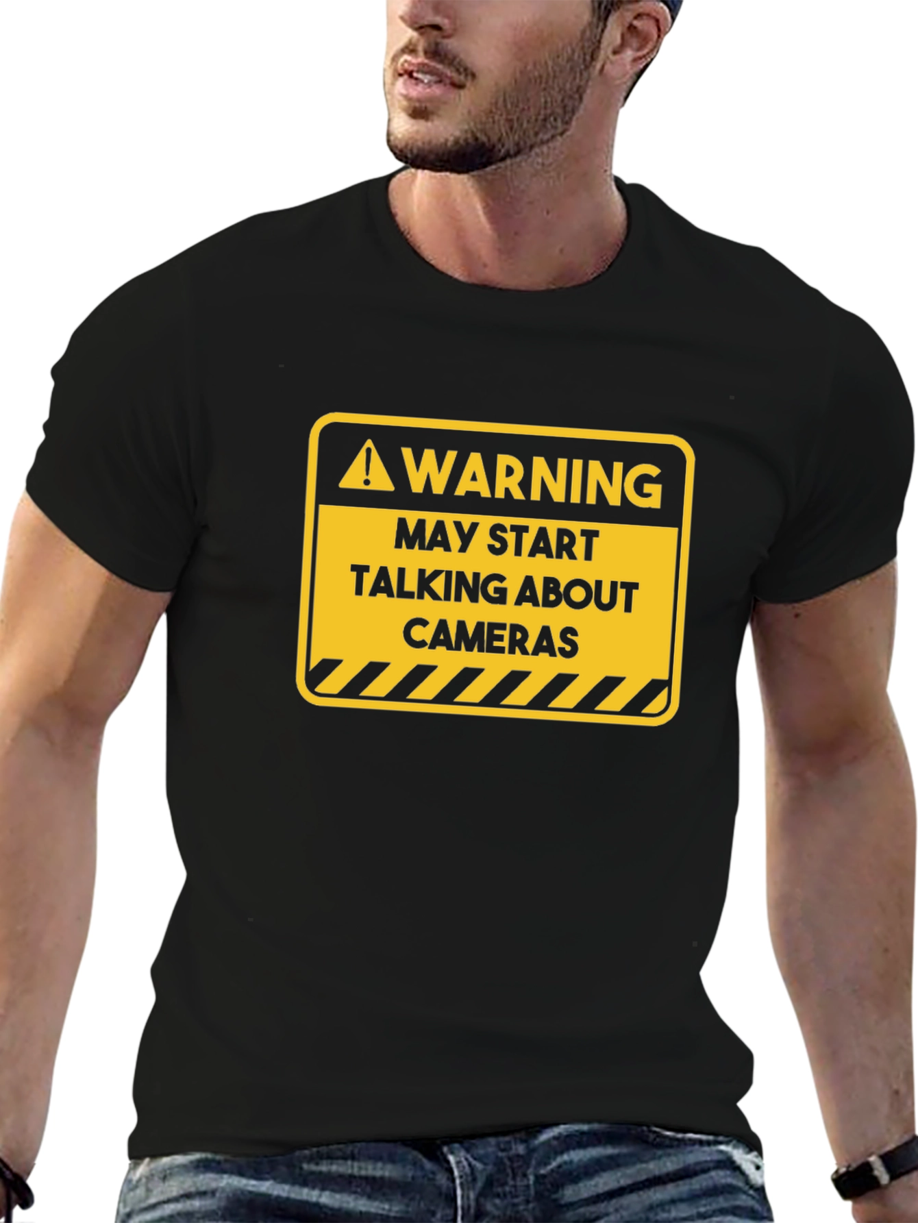 Warning May Start Talking About Cameras Black T-Shirt