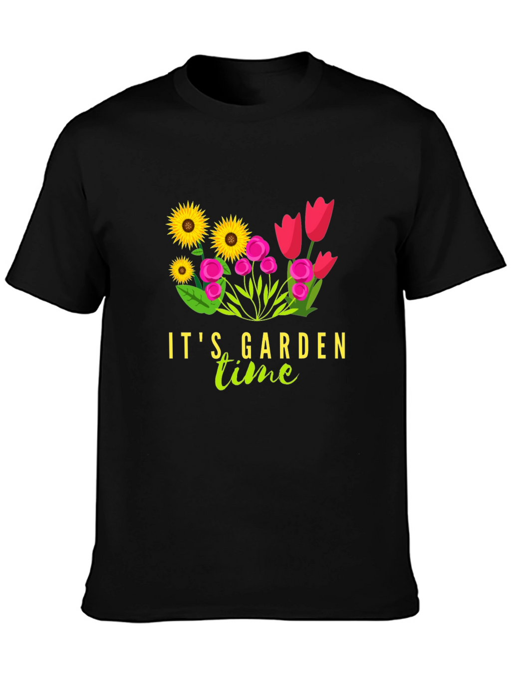Its Garden Time Graphic Tee - Black Cotton T-Shirt