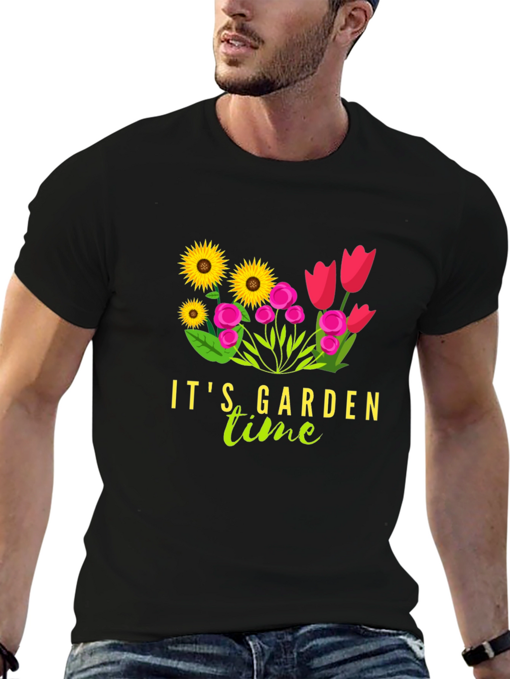Its Garden Time Graphic Tee - Black Cotton T-Shirt