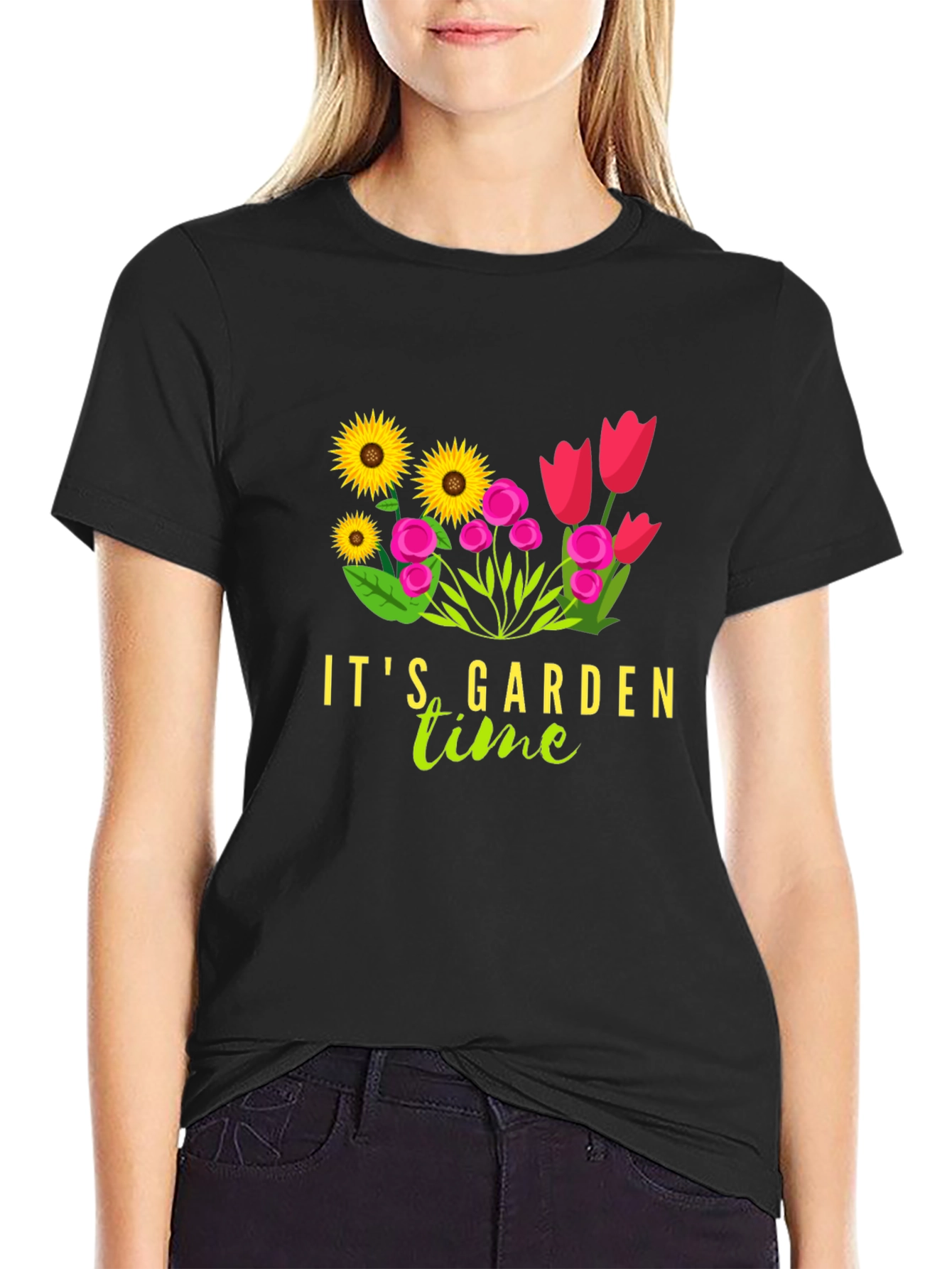 Its Garden Time Graphic Tee - Black Cotton T-Shirt