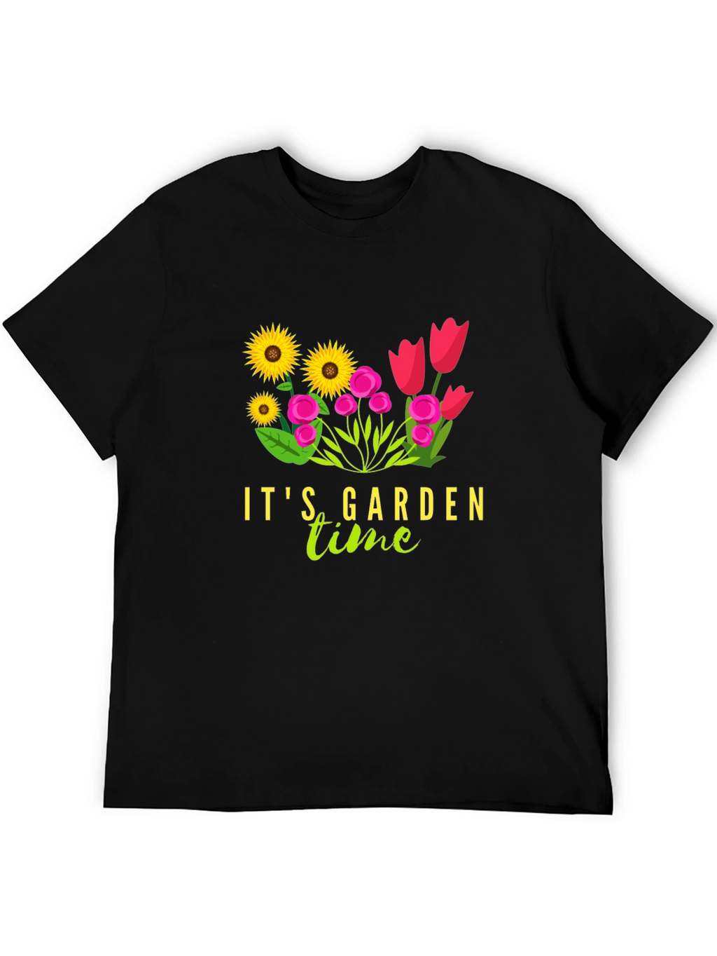 Its Garden Time Graphic Tee - Black Cotton T-Shirt