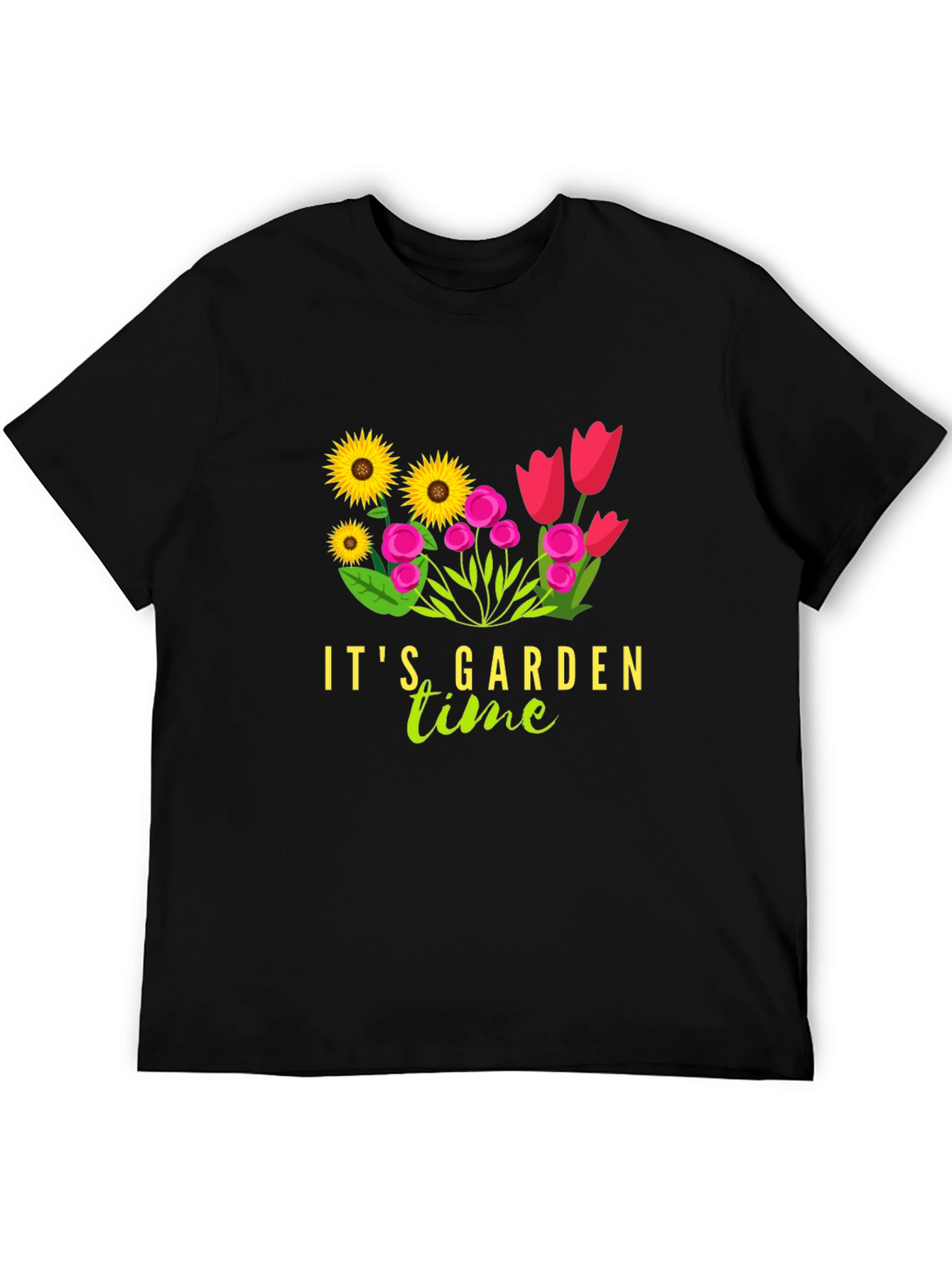Its Garden Time Graphic Tee - Black Cotton T-Shirt
