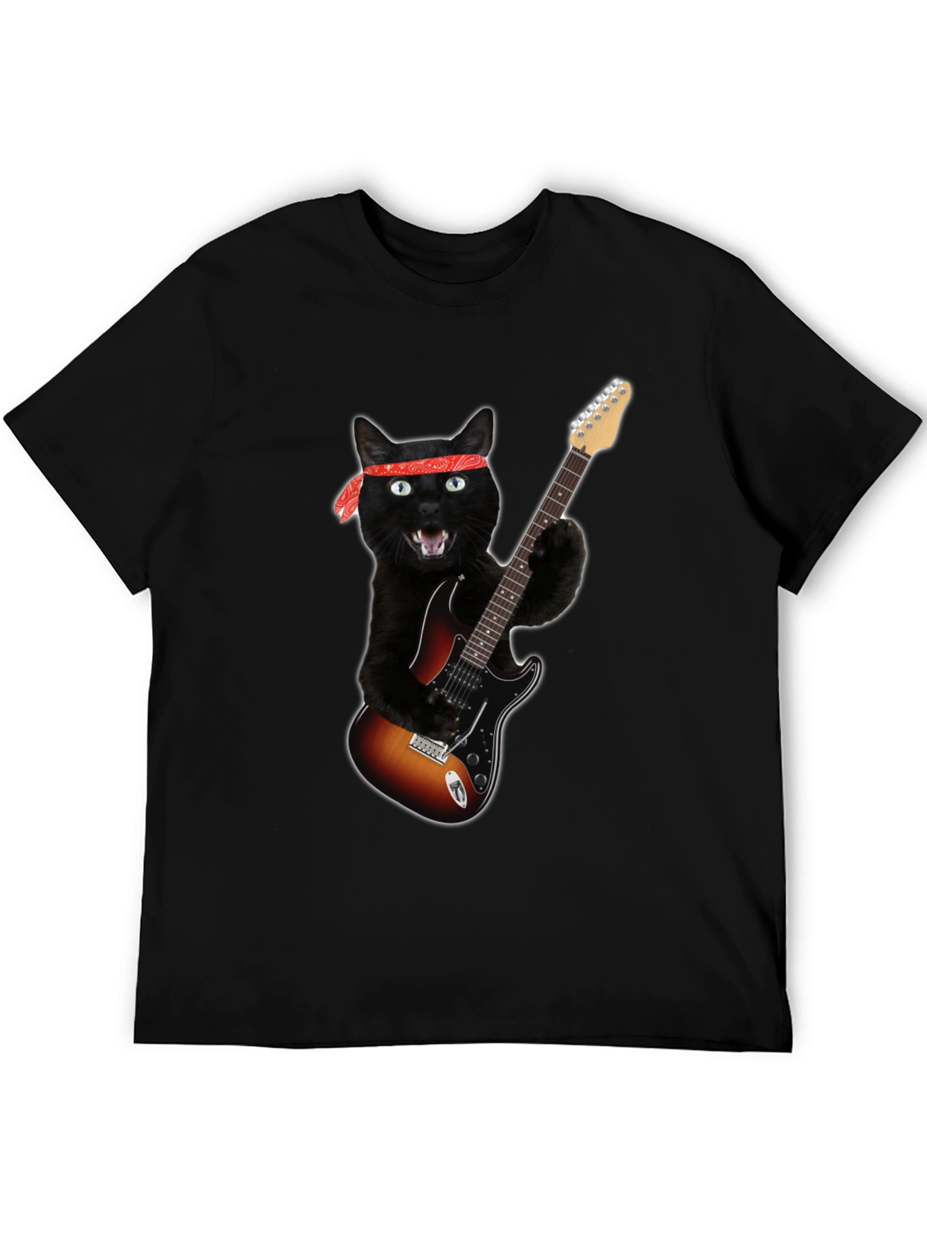 Cat Rocker T-Shirt - Black Tee with Guitar Cat Graphic