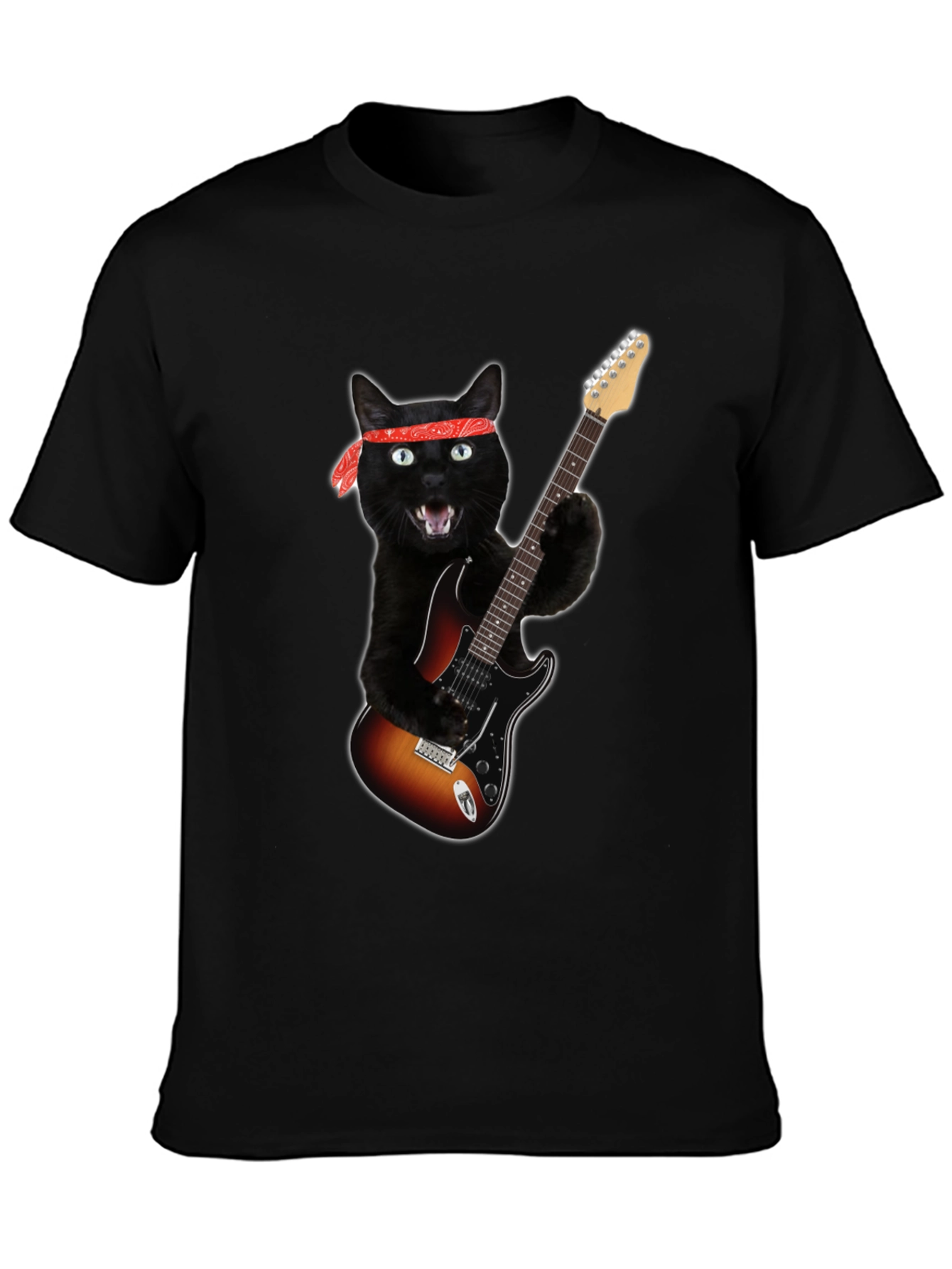Cat Rocker T-Shirt - Black Tee with Guitar Cat Graphic