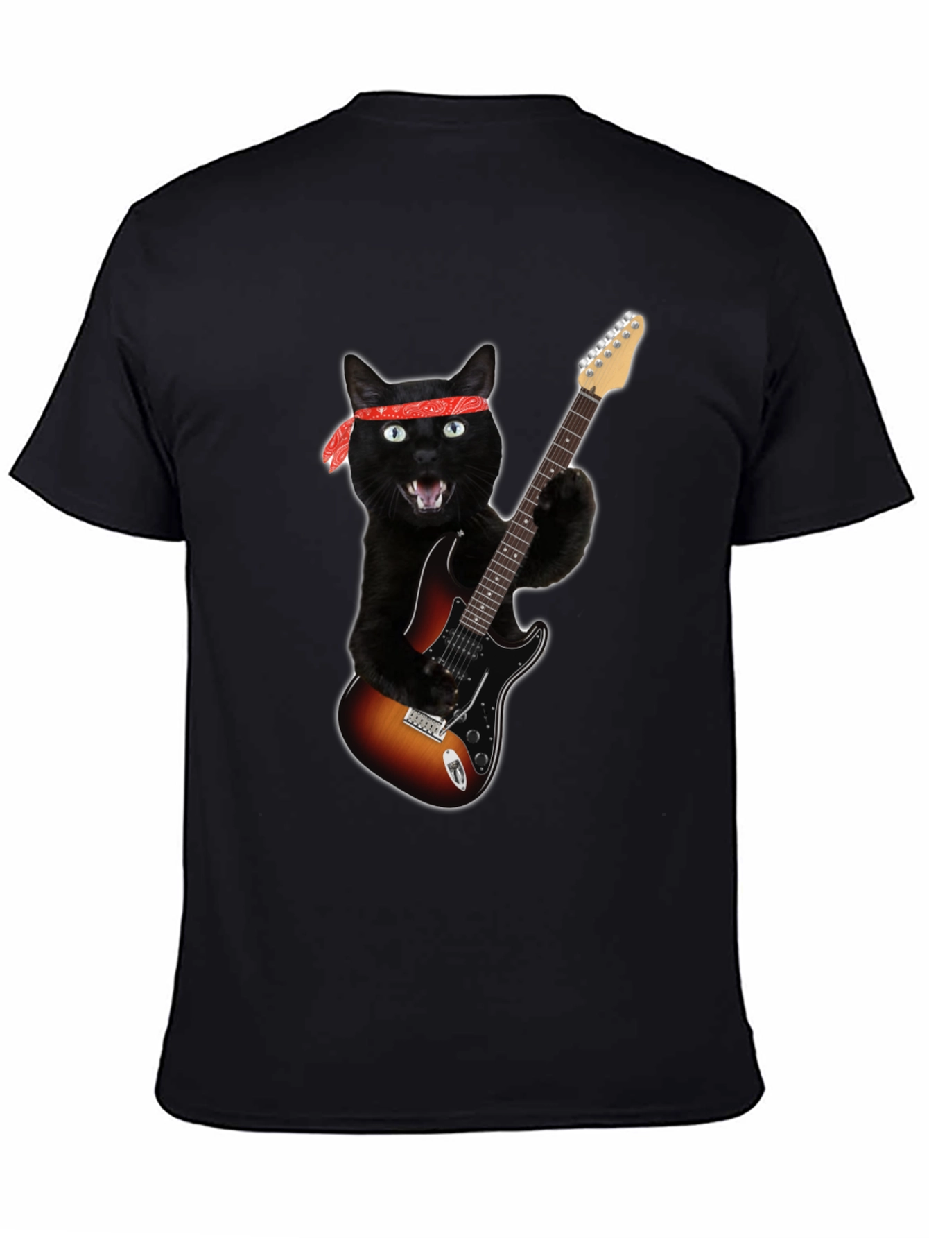 Cat Rocker T-Shirt - Black Tee with Guitar Cat Graphic