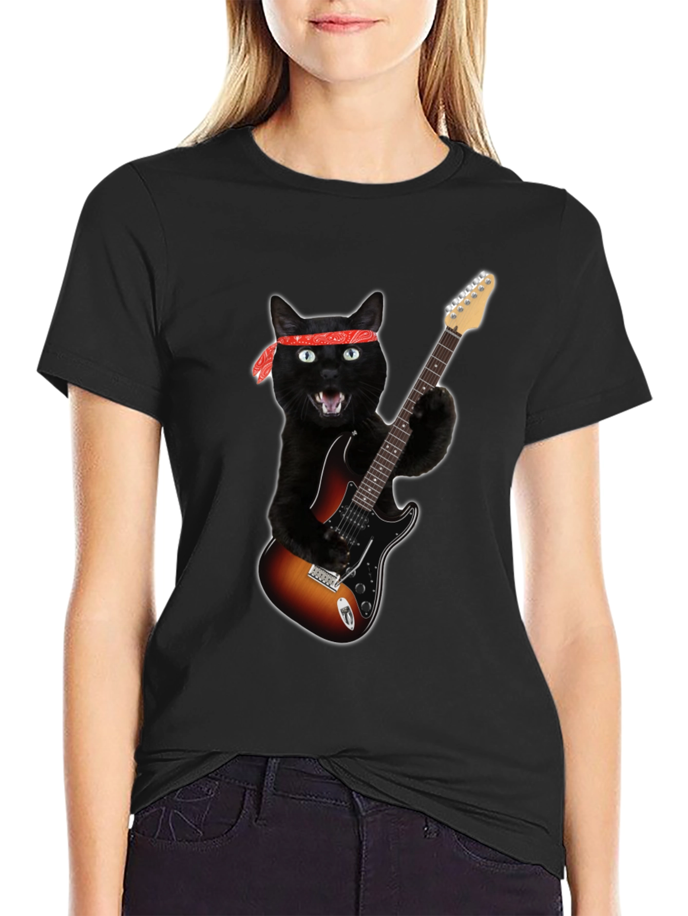Cat Rocker T-Shirt - Black Tee with Guitar Cat Graphic