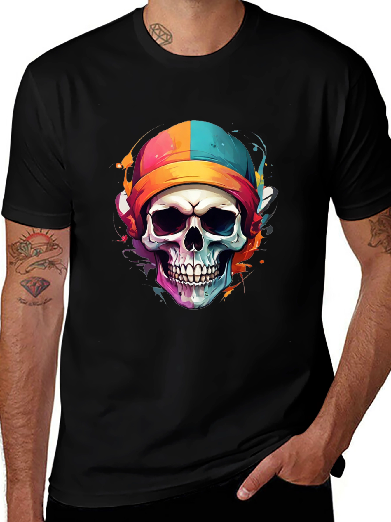 Skull Colorful Beanie Graphic Tee - Mens