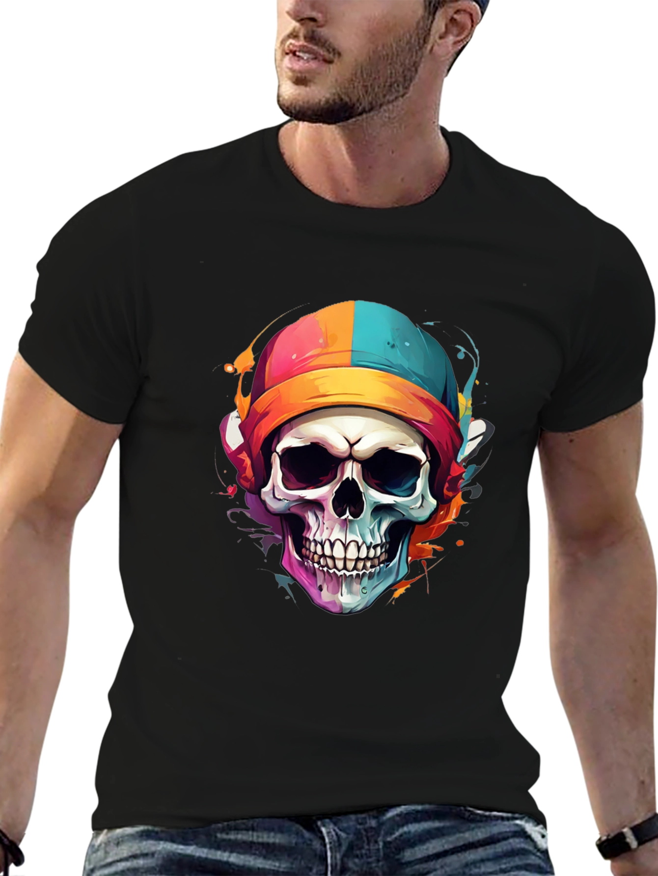 Skull Colorful Beanie Graphic Tee - Mens