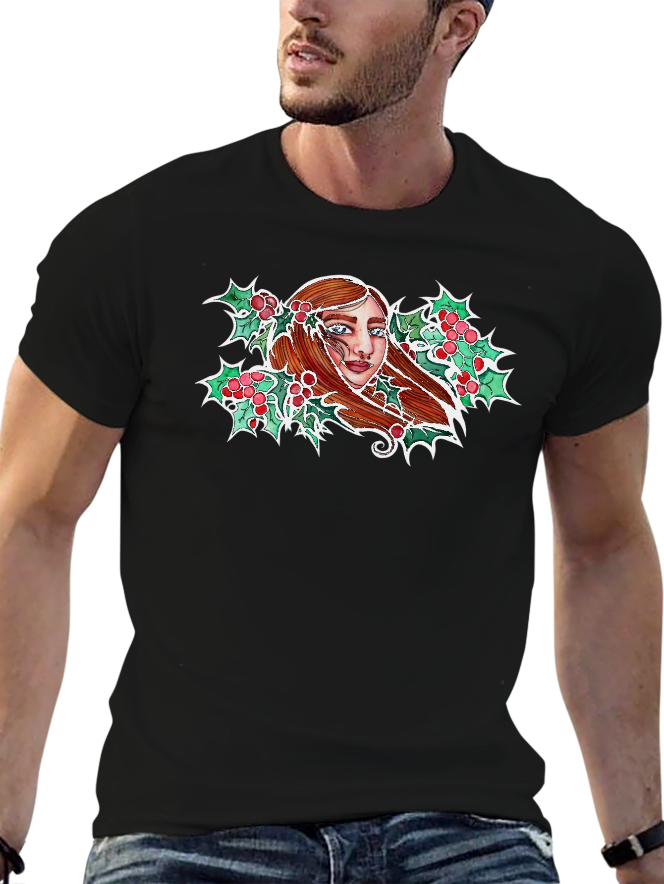 Festive Holly Woman Graphic Tee - Black