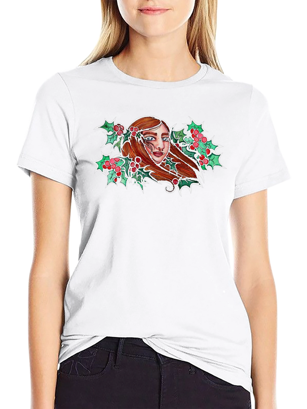 Festive Holly Woman Graphic Tee - Black