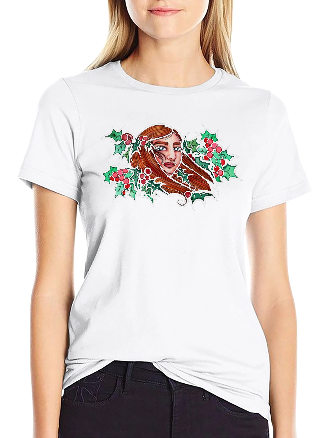 Festive Holly Woman Graphic Tee - Black