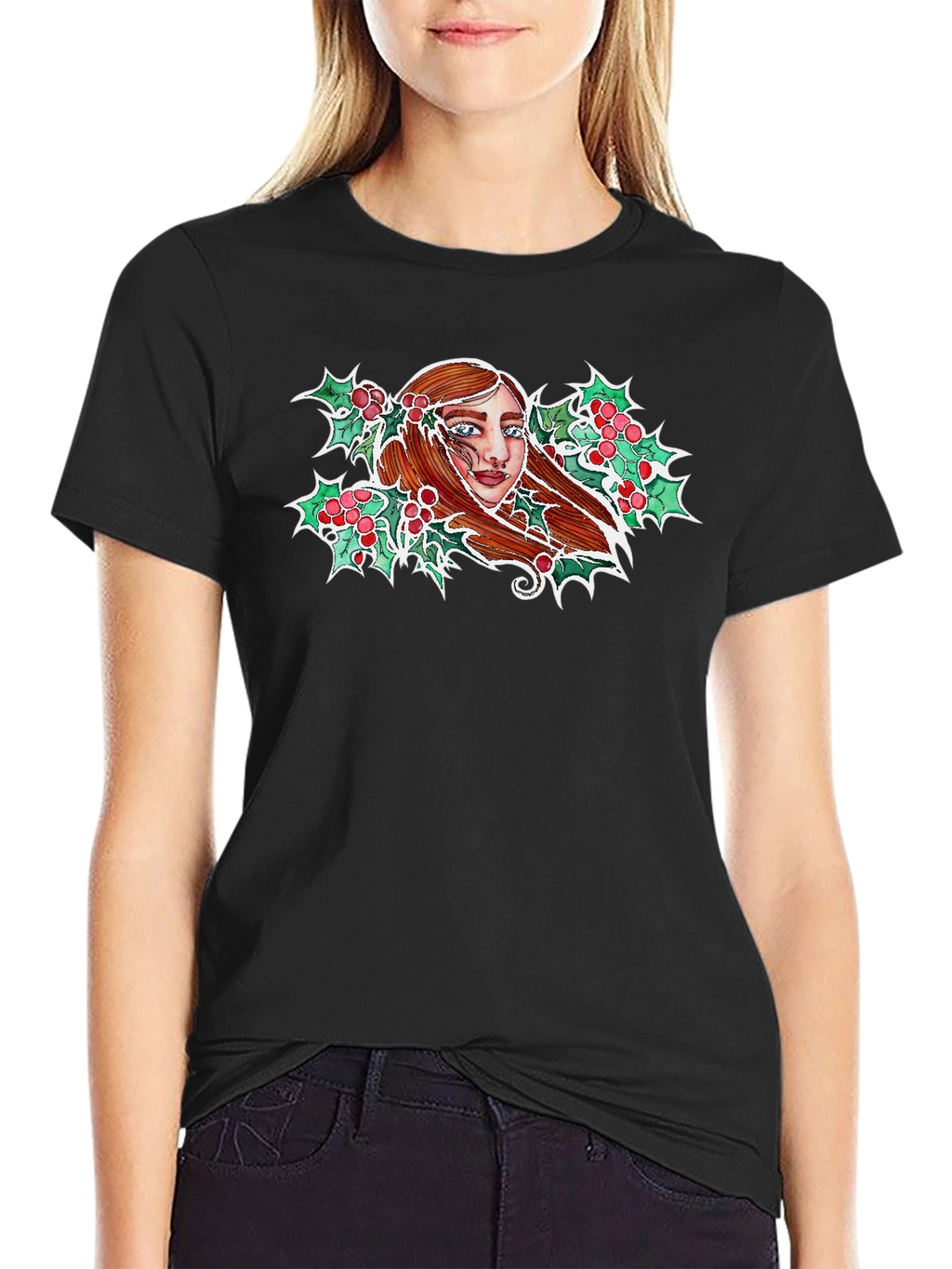 Festive Holly Woman Graphic Tee - Black