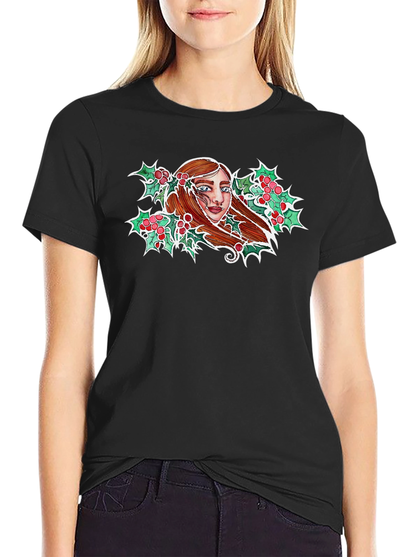 Festive Holly Woman Graphic Tee - Black