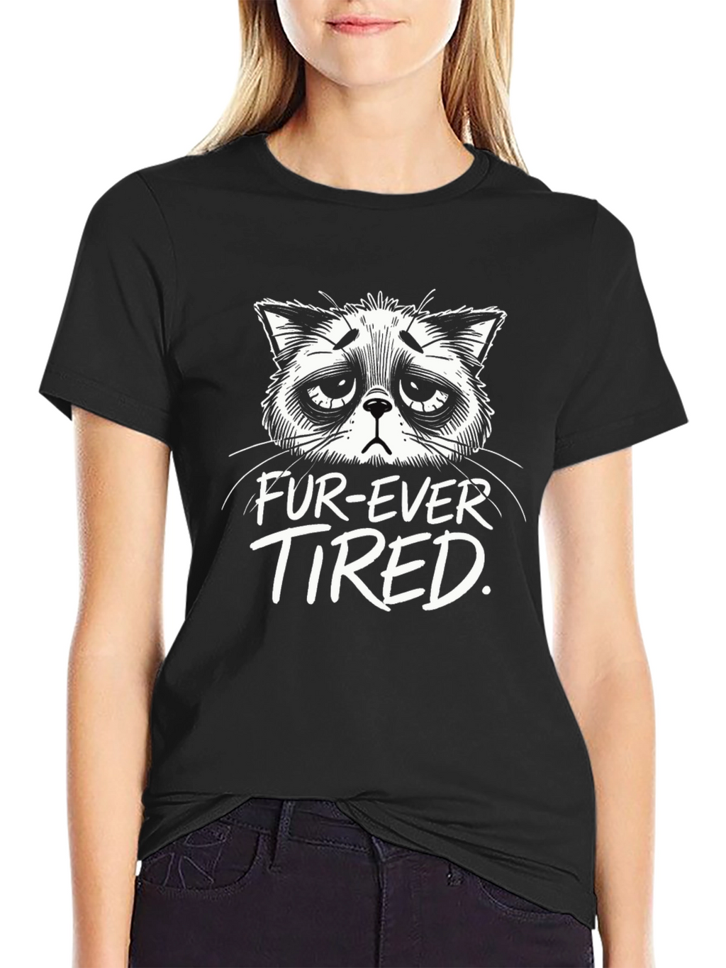 Fur-Ever Tired Cat Graphic T-Shirt - Black