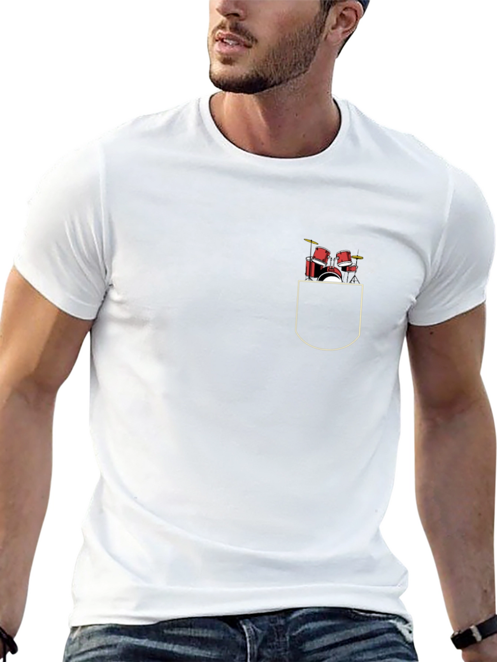 Drum Set Pocket Print Black T-Shirt