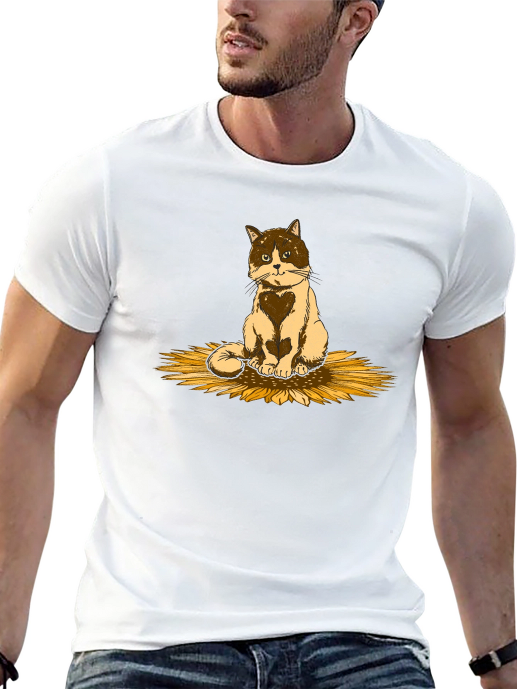 Cat & Sunflower Graphic T-Shirt