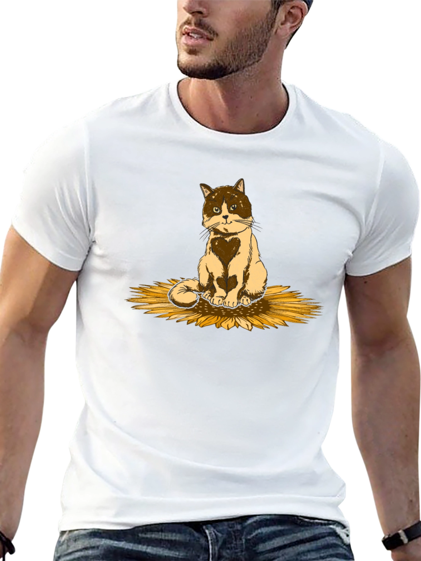 Cat & Sunflower Graphic T-Shirt