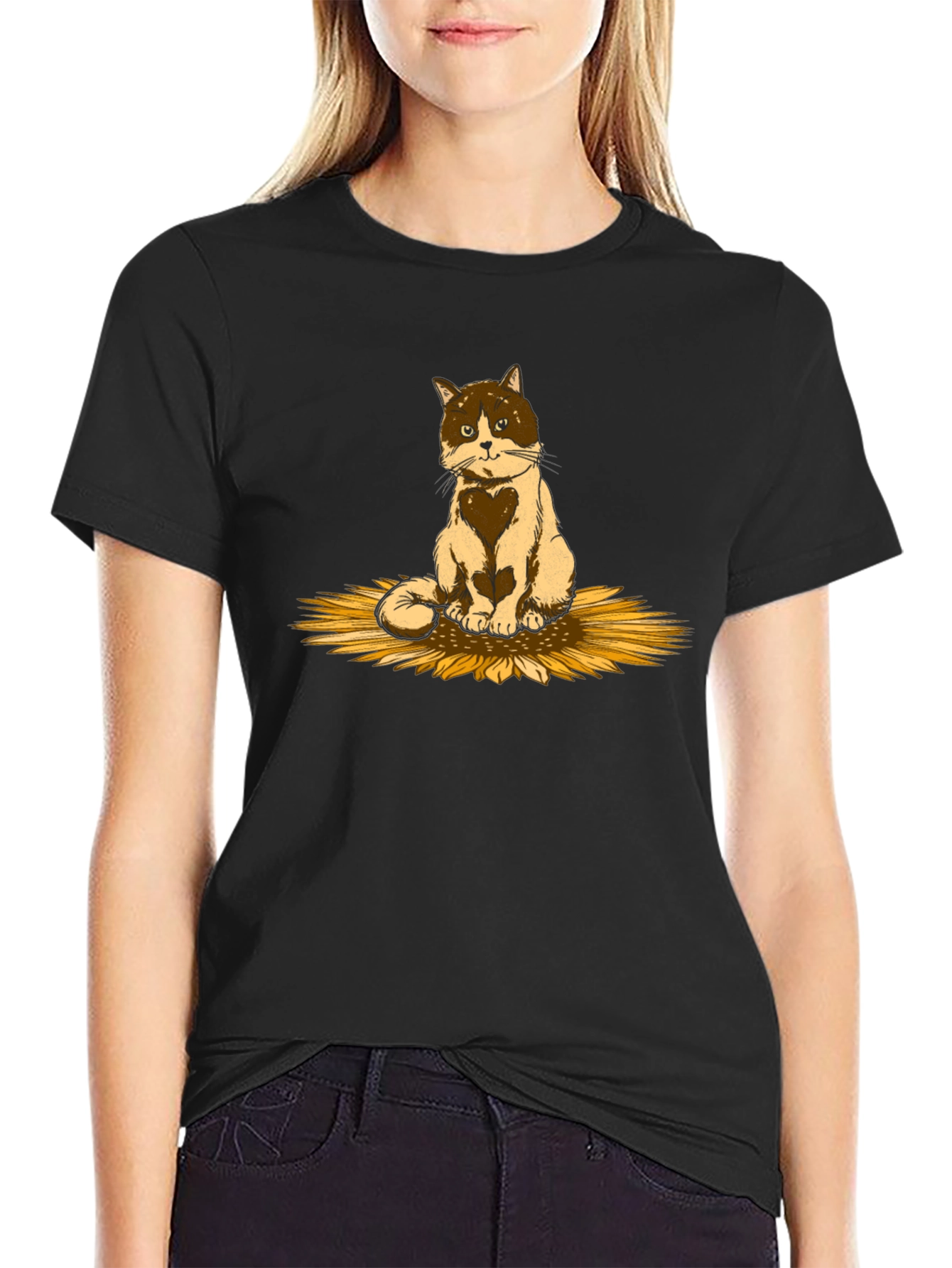 Cat & Sunflower Graphic T-Shirt