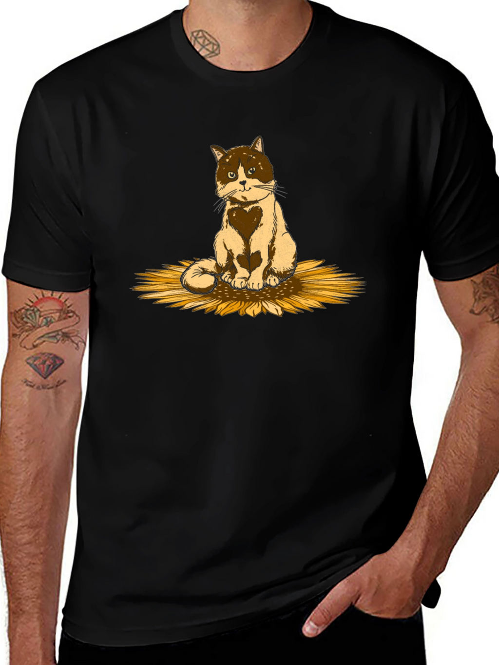 Cat & Sunflower Graphic T-Shirt