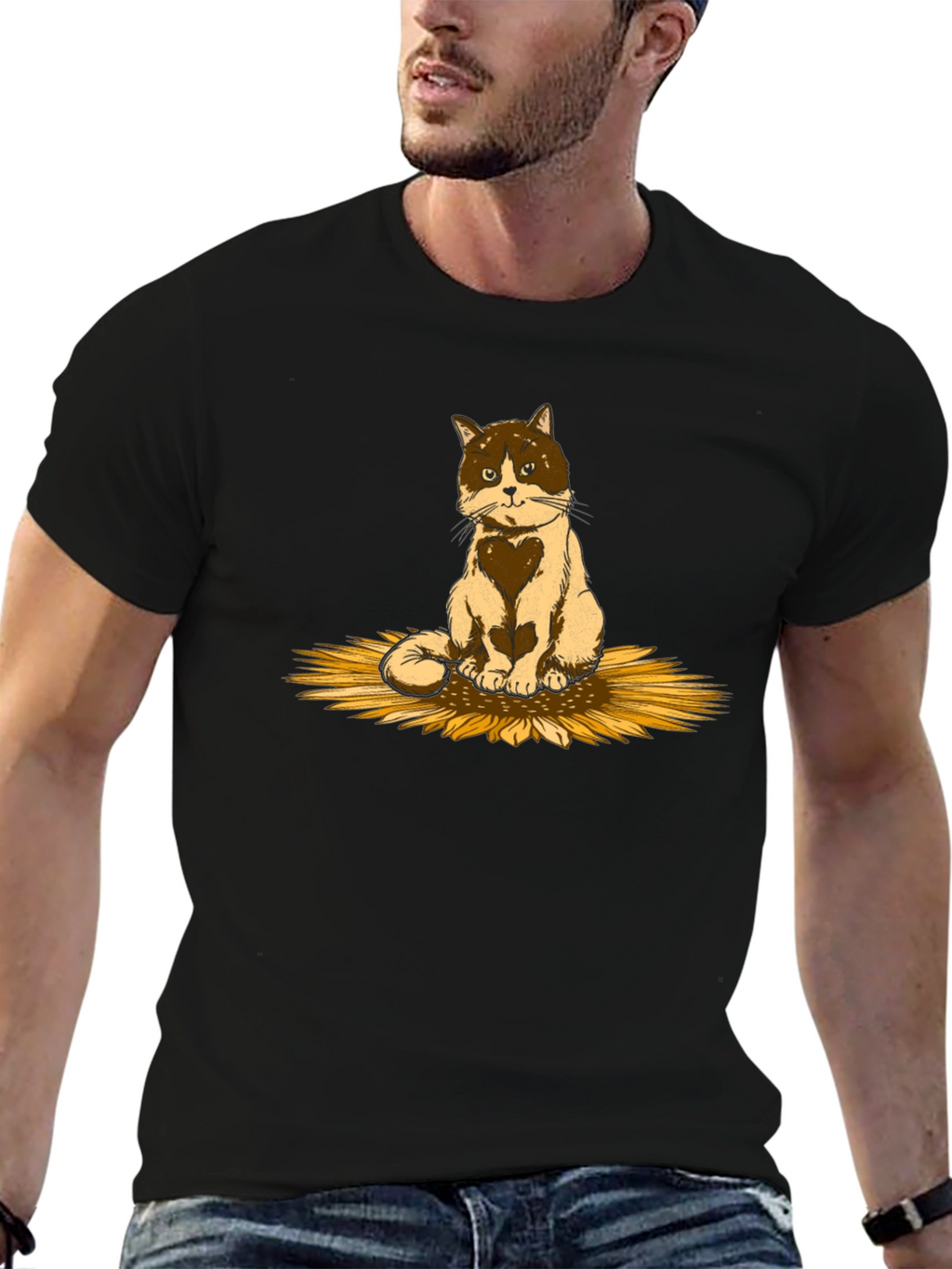 Cat & Sunflower Graphic T-Shirt