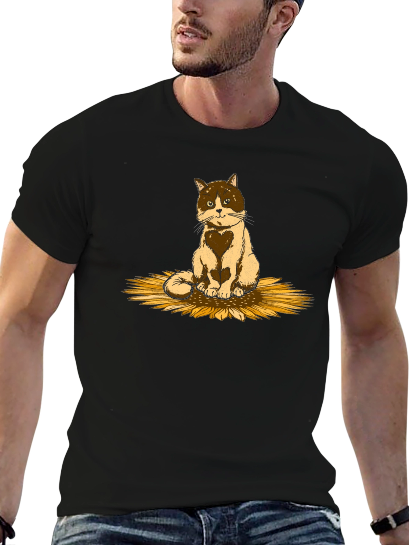Cat & Sunflower Graphic T-Shirt