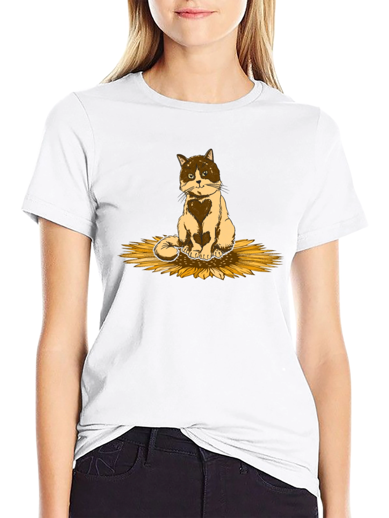 Cat & Sunflower Graphic T-Shirt