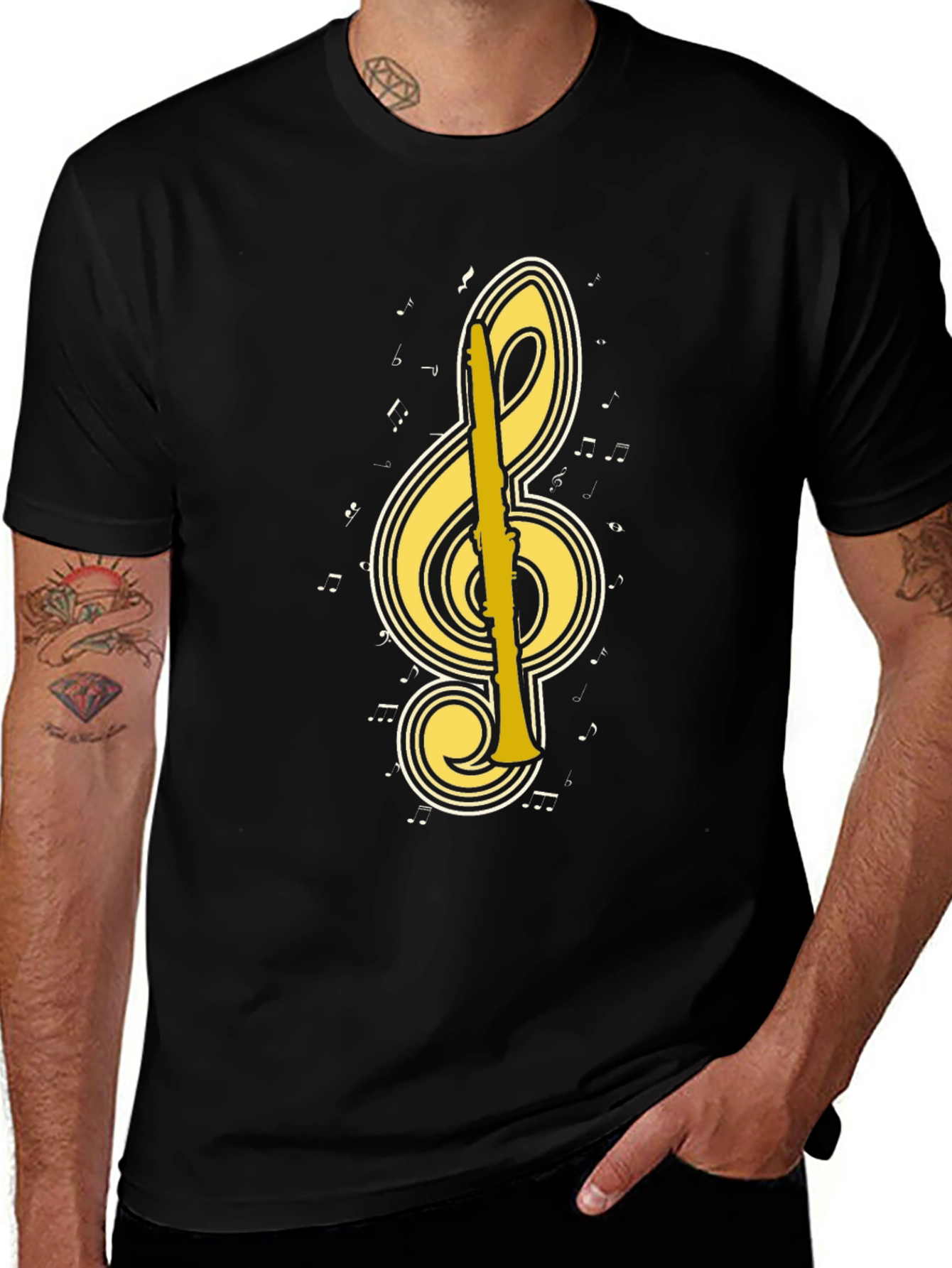 Musical Clef & Clarinet Graphic Tee - Black
