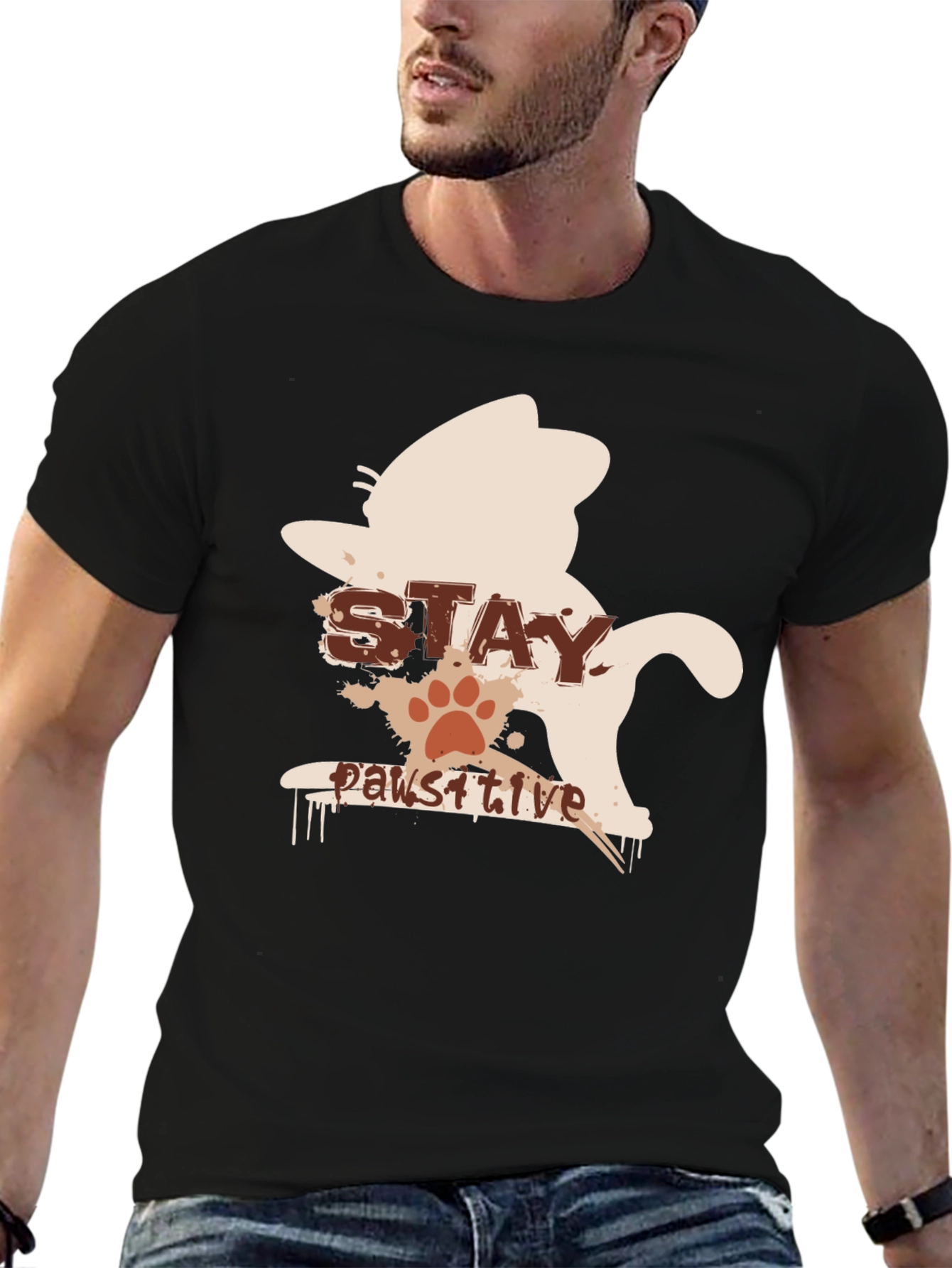 Stay Pawsitive Cat T-Shirt - Black