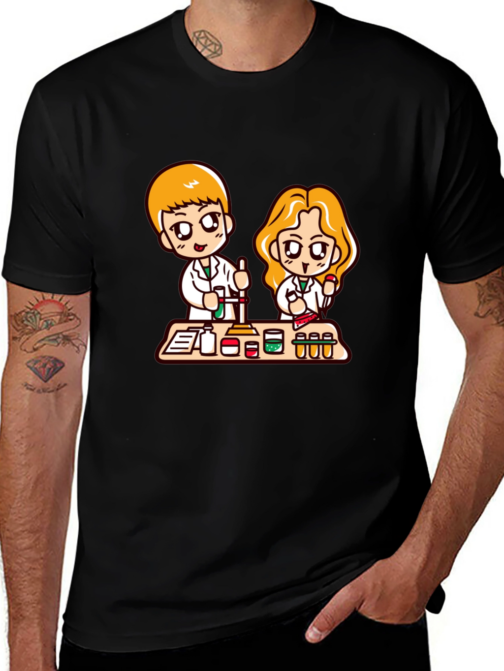 Cartoon Scientist T-Shirt - Black Cotton Blend