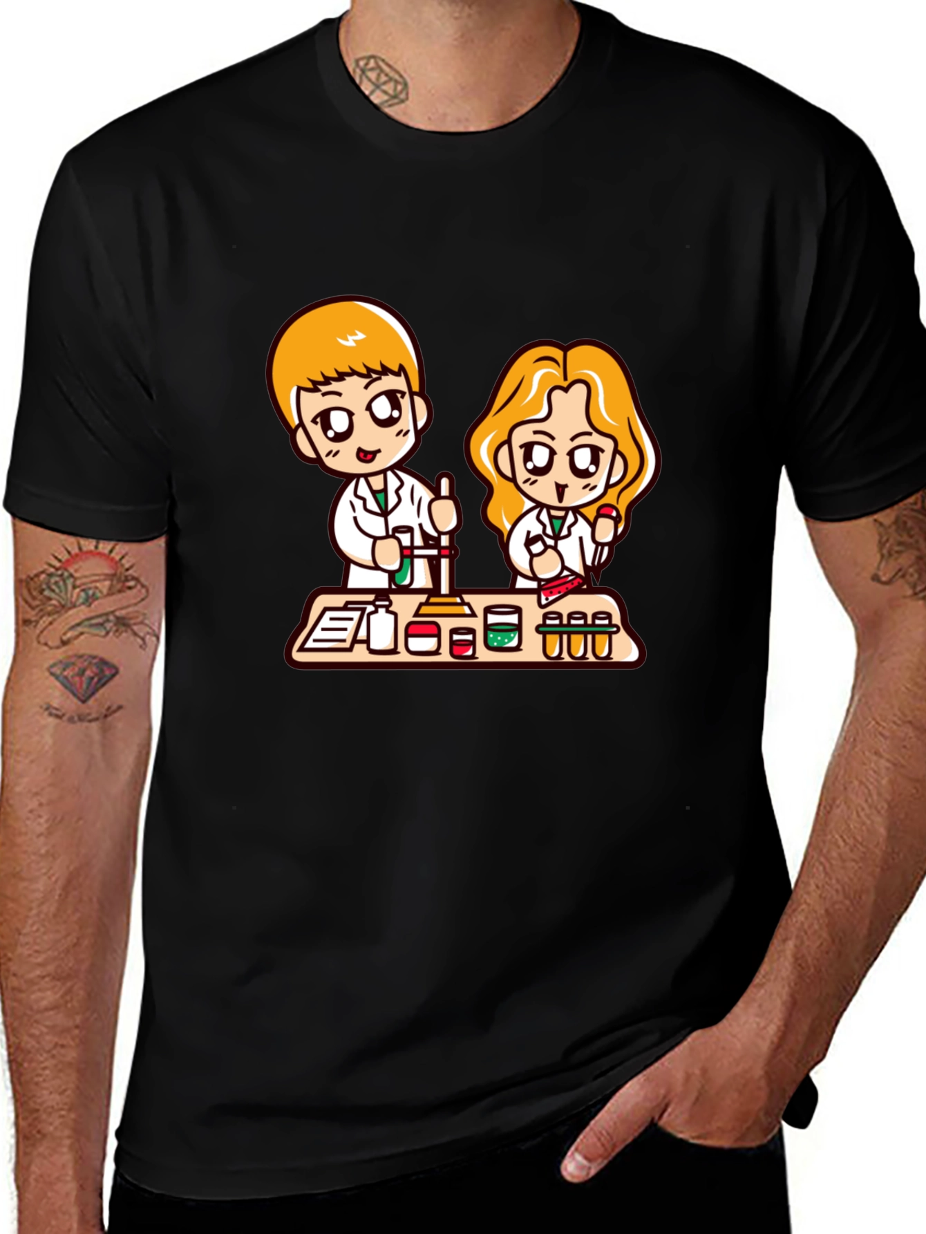 Cartoon Scientist T-Shirt - Black Cotton Blend