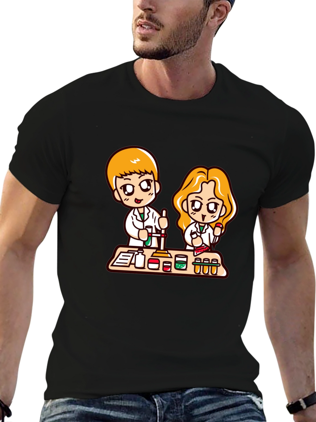 Cartoon Scientist T-Shirt - Black Cotton Blend