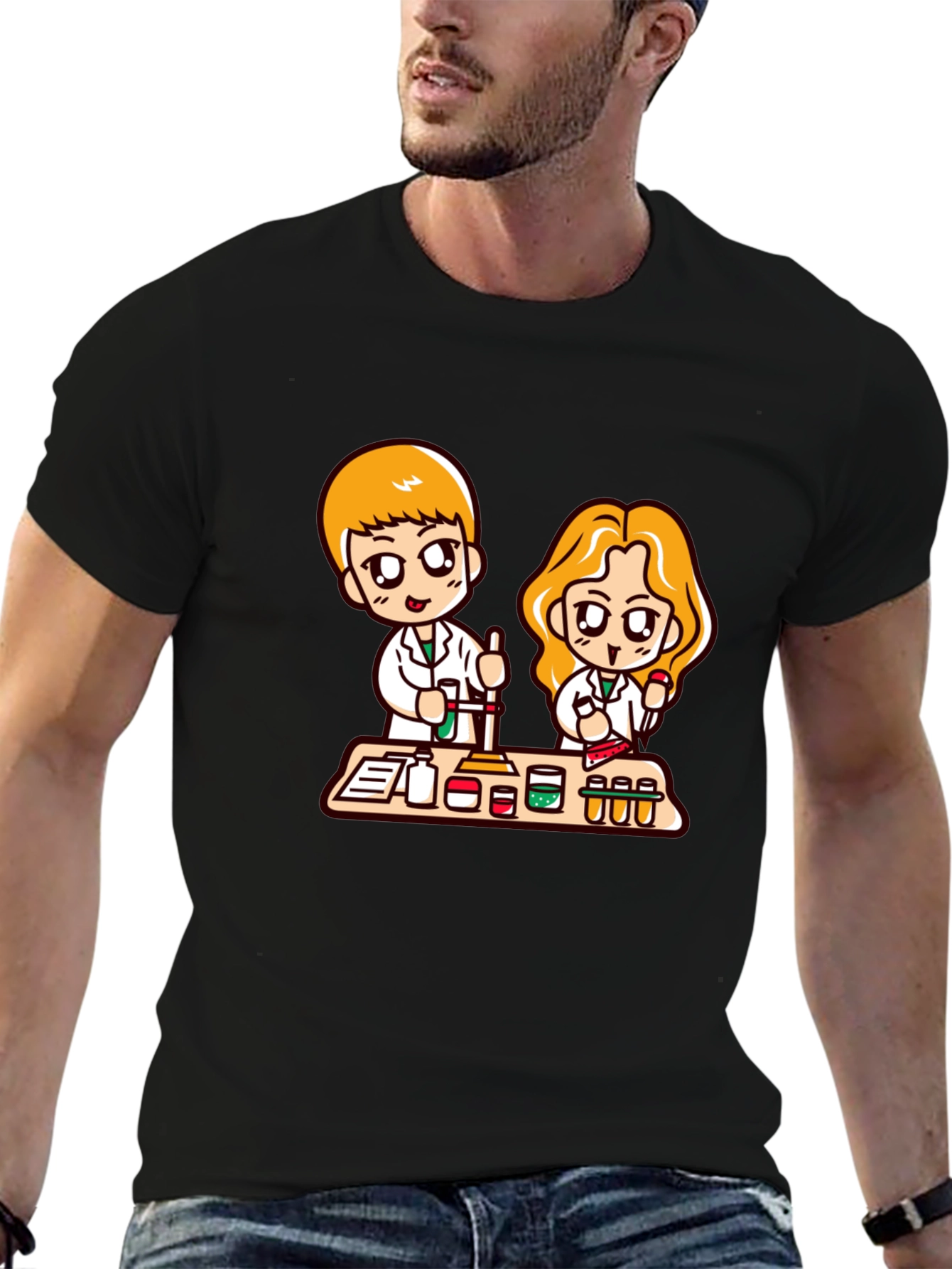 Cartoon Scientist T-Shirt - Black Cotton Blend