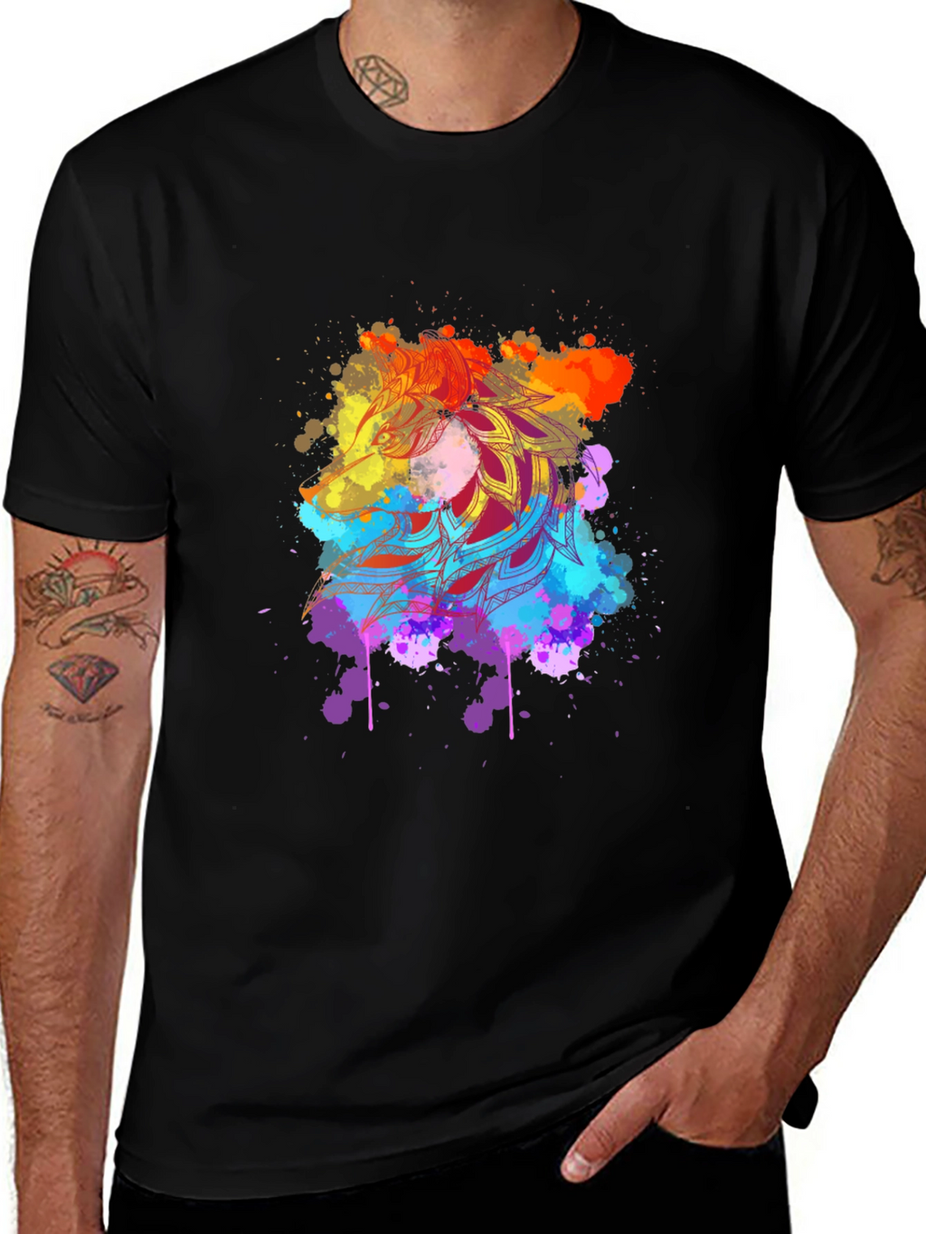 Mens Black Tee with Vibrant Mandala Art