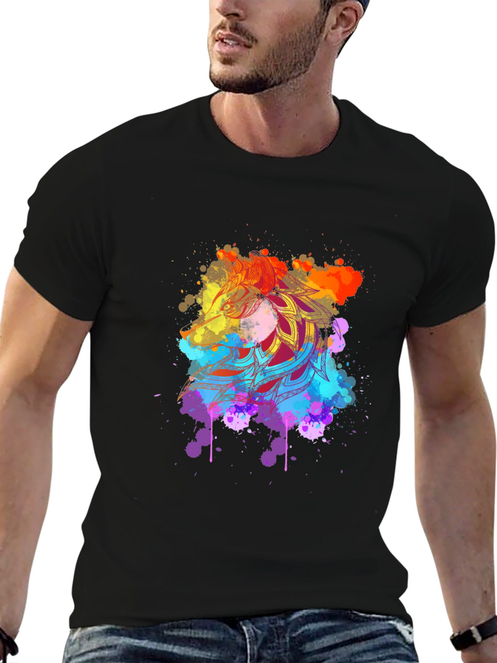 Mens Black Tee with Vibrant Mandala Art
