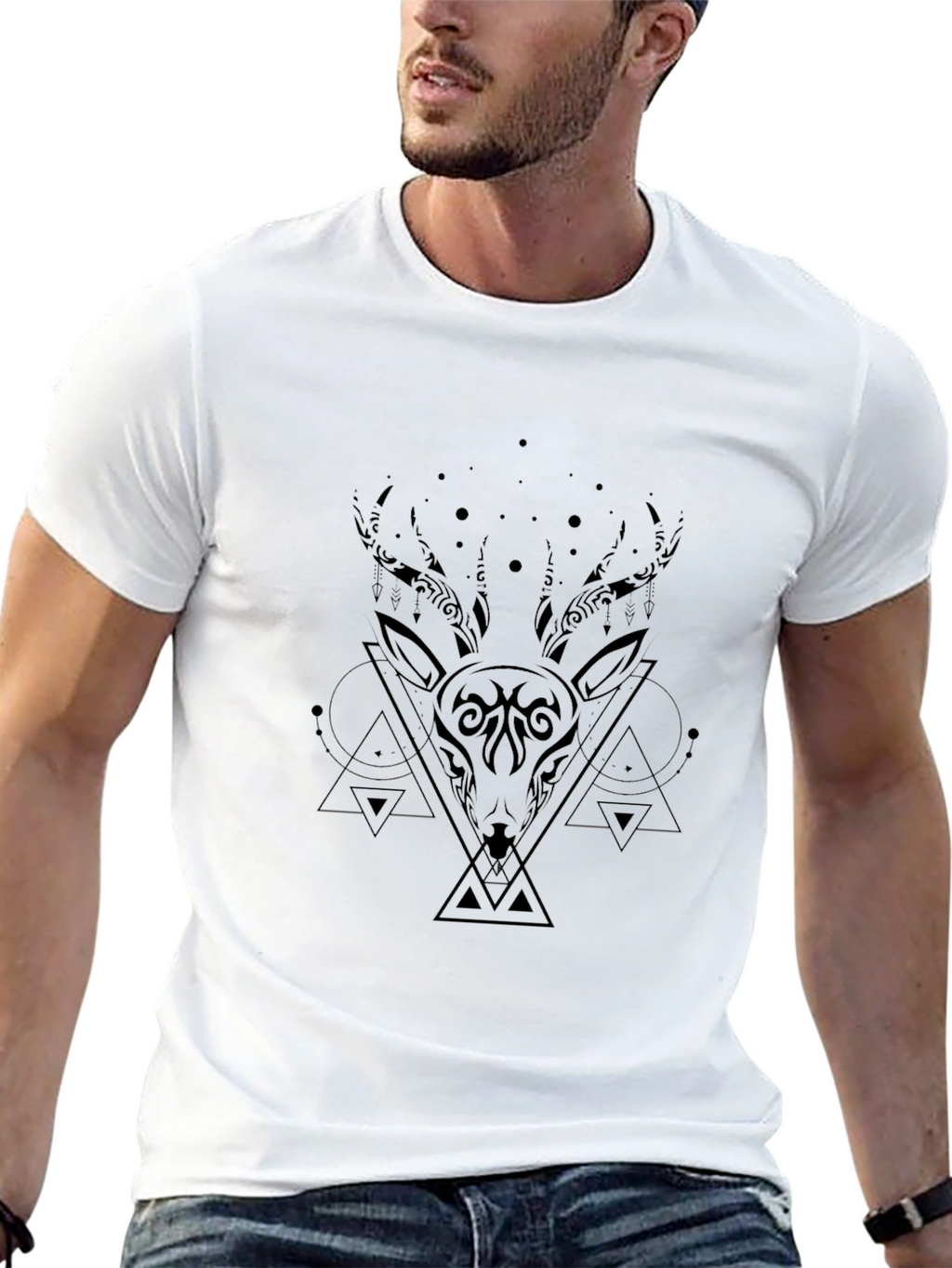 Geometric Deer Graphic Black T-Shirt